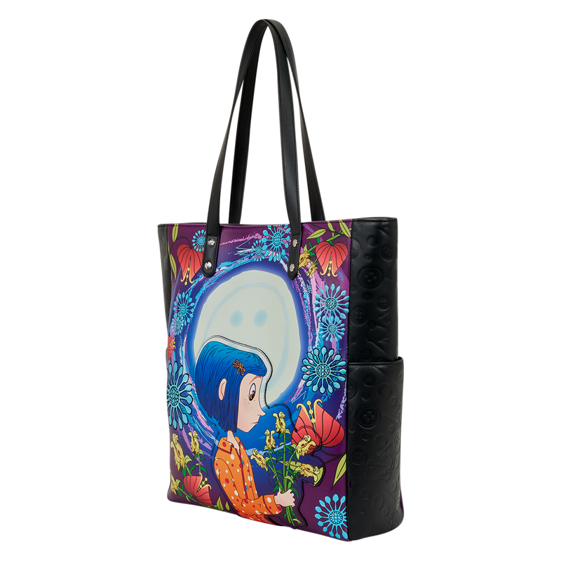 Tote bag with colorful design featuring a character and flowers 