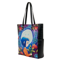 Tote bag with colorful design featuring a character and flowers 
