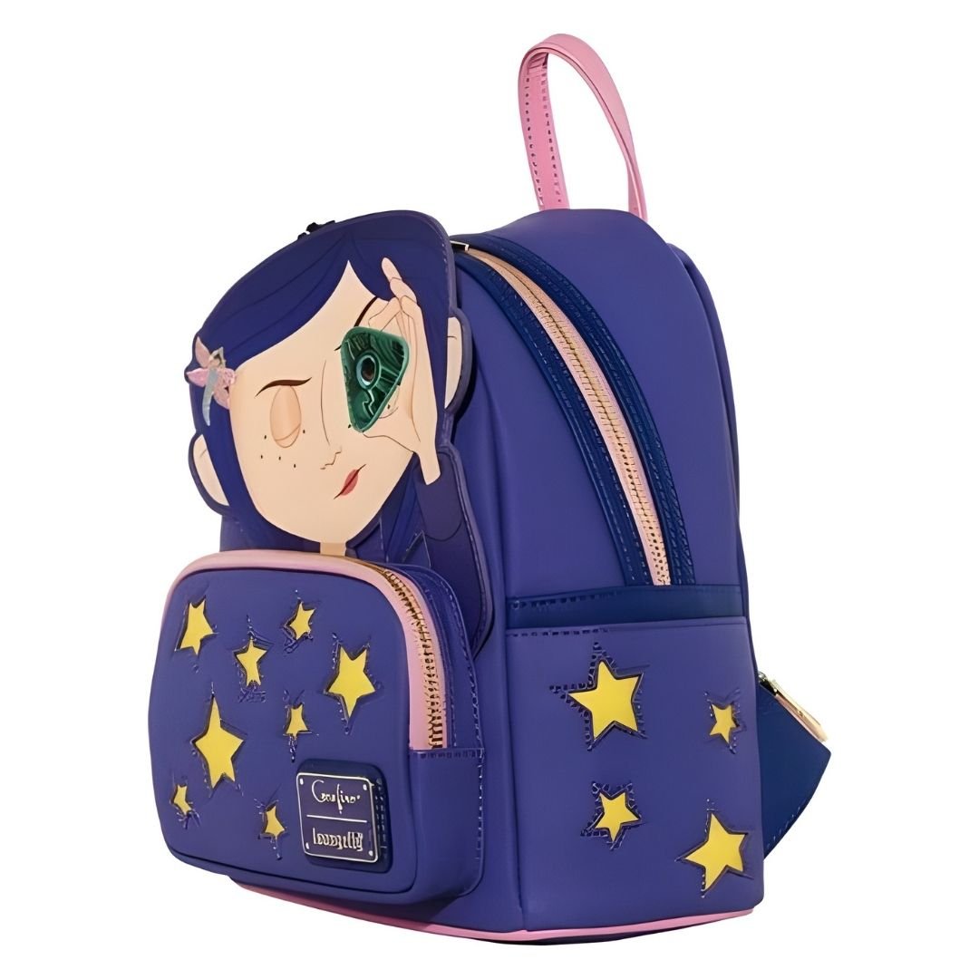 Blue backpack with star patterns and a character design on a white background