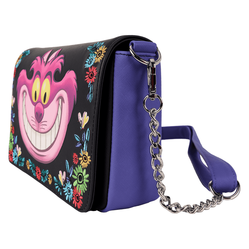 Disney Loungefly Cheshire Cat crossbody bag featuring Tulgey Wood scene with playful details