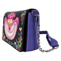 Disney Loungefly Cheshire Cat crossbody bag featuring Tulgey Wood scene with playful details