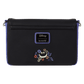 Black handbag with floral embroidered design and Disney logo on a white background