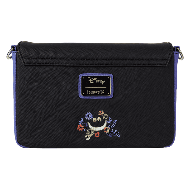 Black handbag with floral embroidered design and Disney logo on a white background