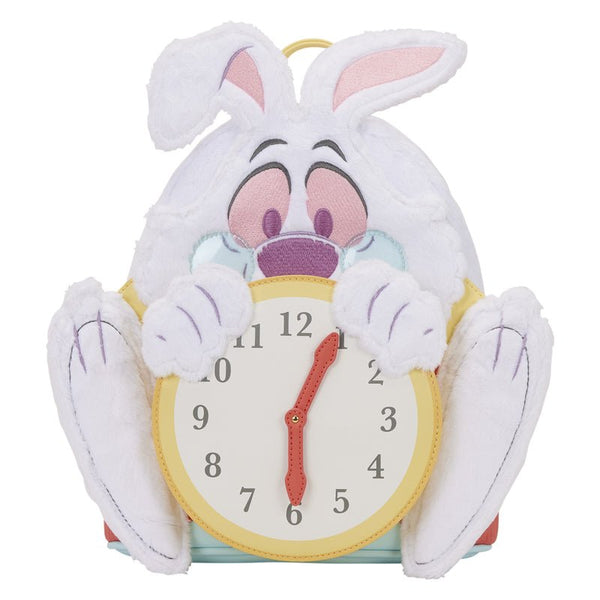 Plush toy shaped like a clock with cartoon character face on a white background