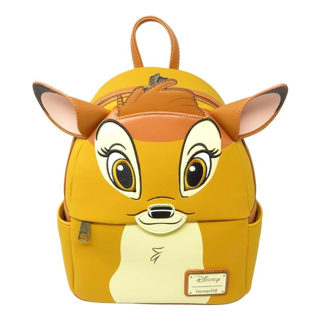 Backpack designed like a cartoon deer face with a visible Disney logo on a white background