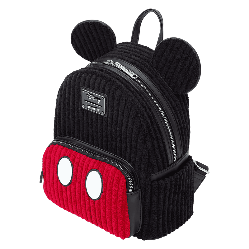 Disney Mickey Mouse corduroy cosplay backpack with front zipper pocket and gold hardware