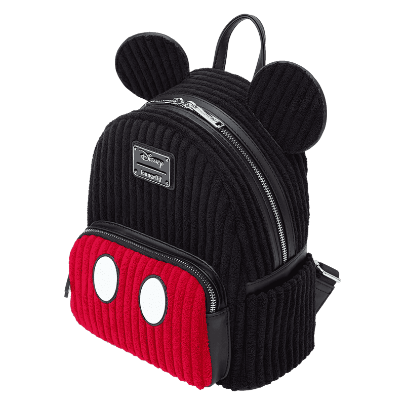 Disney Mickey Mouse corduroy cosplay backpack with front zipper pocket and gold hardware