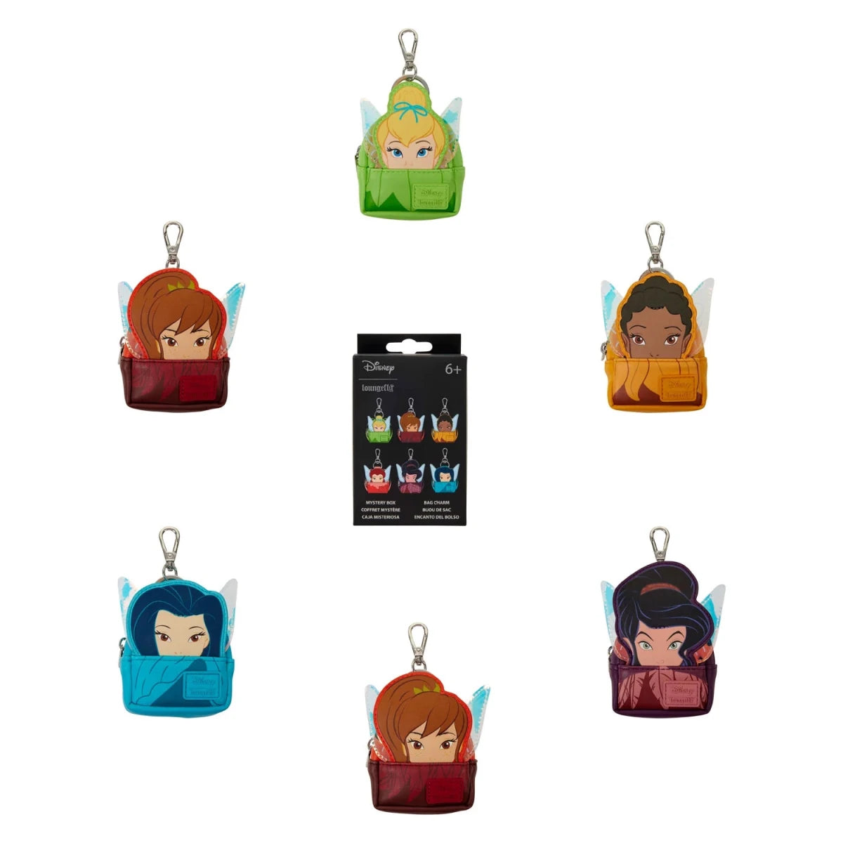 Six Disney Tinker Bell character keychains in different colored pouches arranged around a central black package on a white background.