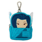 A small Disney Loungefly character pouch featuring Mulan peeking out from behind a blue scarf, with a silver metal clasp at the top, on a plain white background.