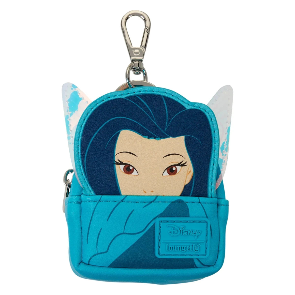 A small Disney Loungefly character pouch featuring Mulan peeking out from behind a blue scarf, with a silver metal clasp at the top, on a plain white background.
