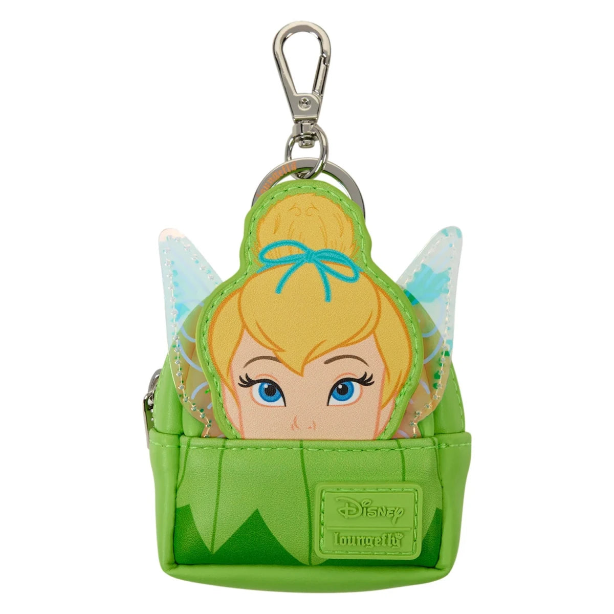 A green Tinker Bell keychain pouch with a silver metal clasp, featuring a printed graphic of Tinker Bell's face and light blue wings on a white background.