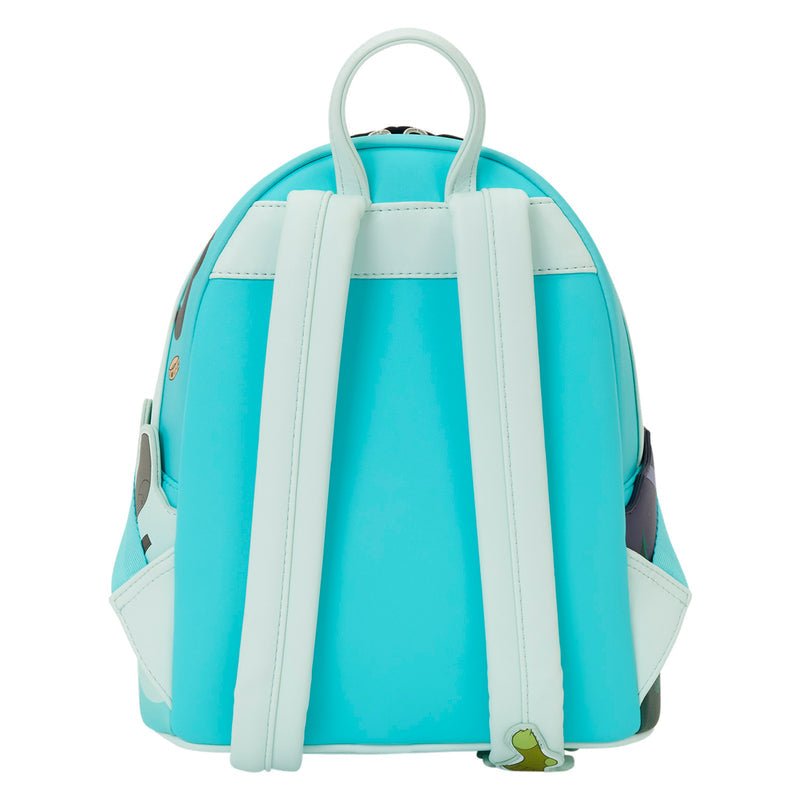 Turquoise backpack with white straps on a white background