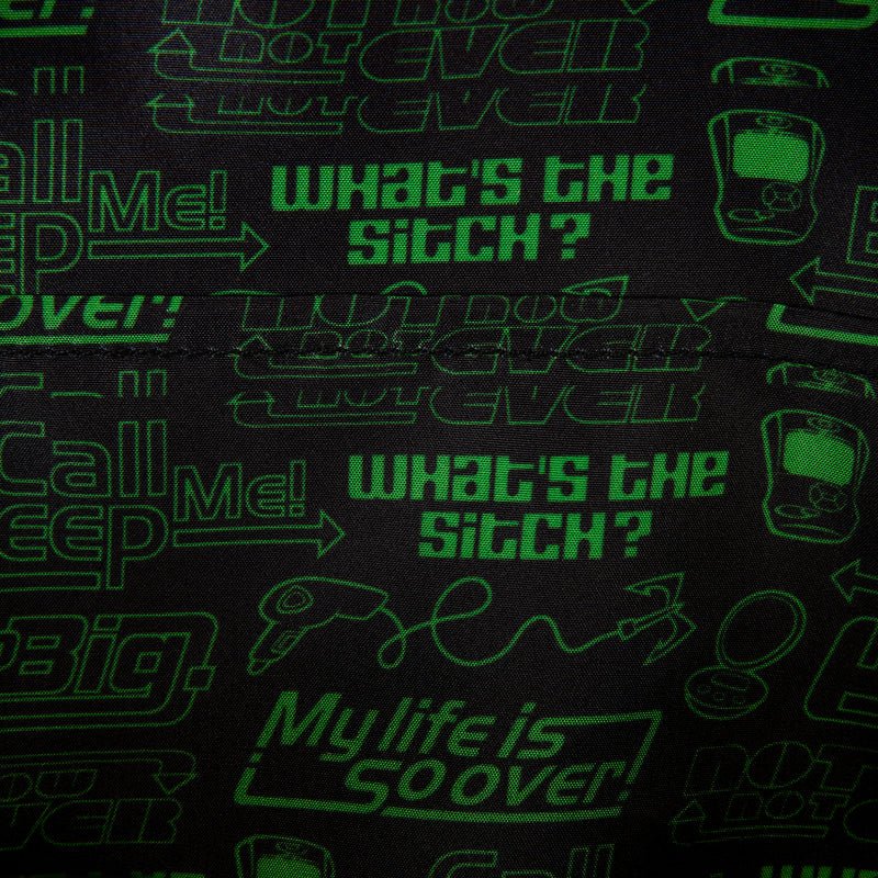 Text pattern with phrases like 'What's the Stitch?' and 'My life is so over!' on a dark background.