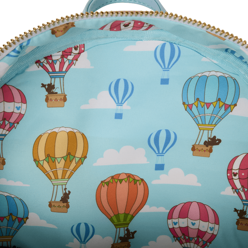 3D Loungefly backpack with Mickey, Minnie, and friends in colorful hot air balloon shape

