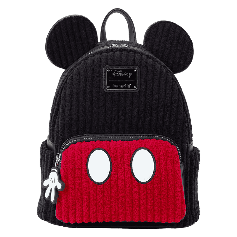 Loungefly Disney mini backpack styled like Mickey Mouse with corduroy plush finish