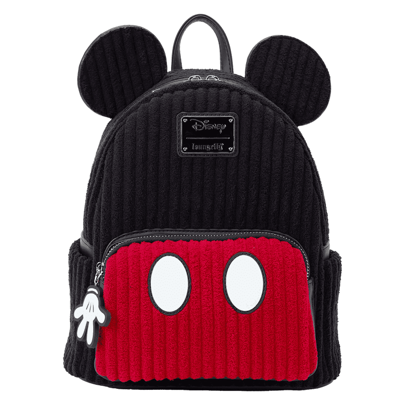 Loungefly Disney mini backpack styled like Mickey Mouse with corduroy plush finish