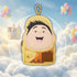 Keychain with cartoon character face on a cloud background with balloons