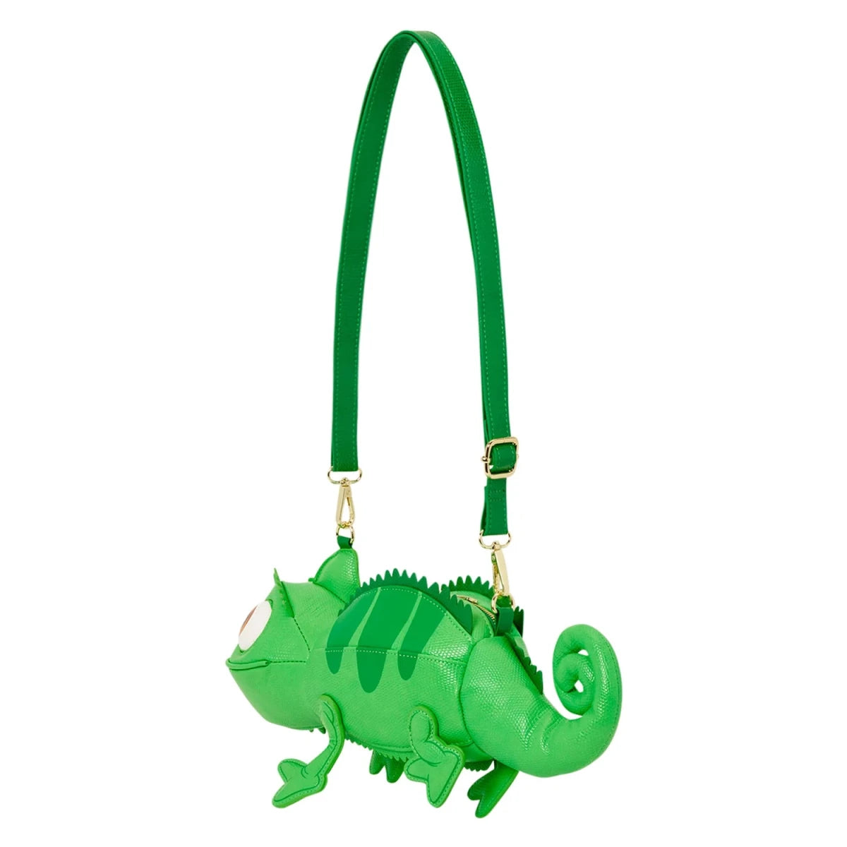 A bright green chameleon-shaped shoulder bag with a matching green strap and gold-tone hardware, shown on a plain white background.