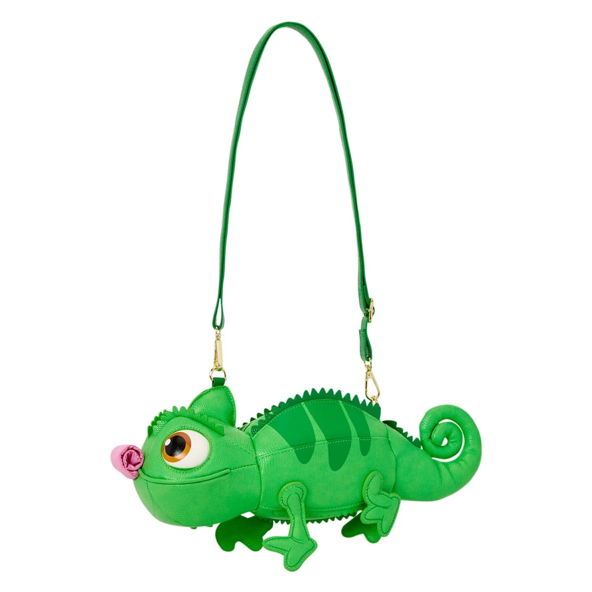 A green chameleon-shaped shoulder bag with a long green strap, gold-tone hardware, and a small pink flower accent on its nose, shown against a plain white background.