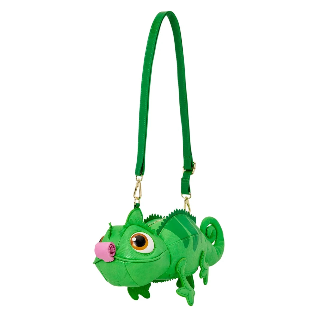 A green chameleon-shaped shoulder bag with a matching green strap and gold-tone hardware, shown on a plain white background.