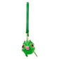 A green faux-leather frog-shaped wristlet charm with a matching wrist strap, featuring gold-tone hardware, large cartoon eyes, and a pink nose on a plain white background.