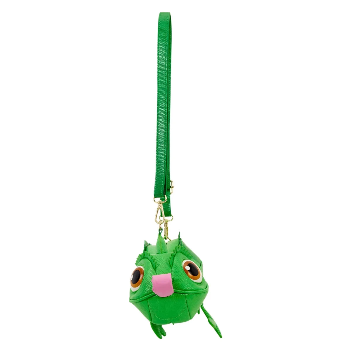 A green faux-leather frog-shaped wristlet charm with a matching wrist strap, featuring gold-tone hardware, large cartoon eyes, and a pink nose on a plain white background.