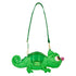 A green chameleon-shaped shoulder bag with a matching green strap, gold-tone hardware, and a small pink nose detail, shown on a plain white background.