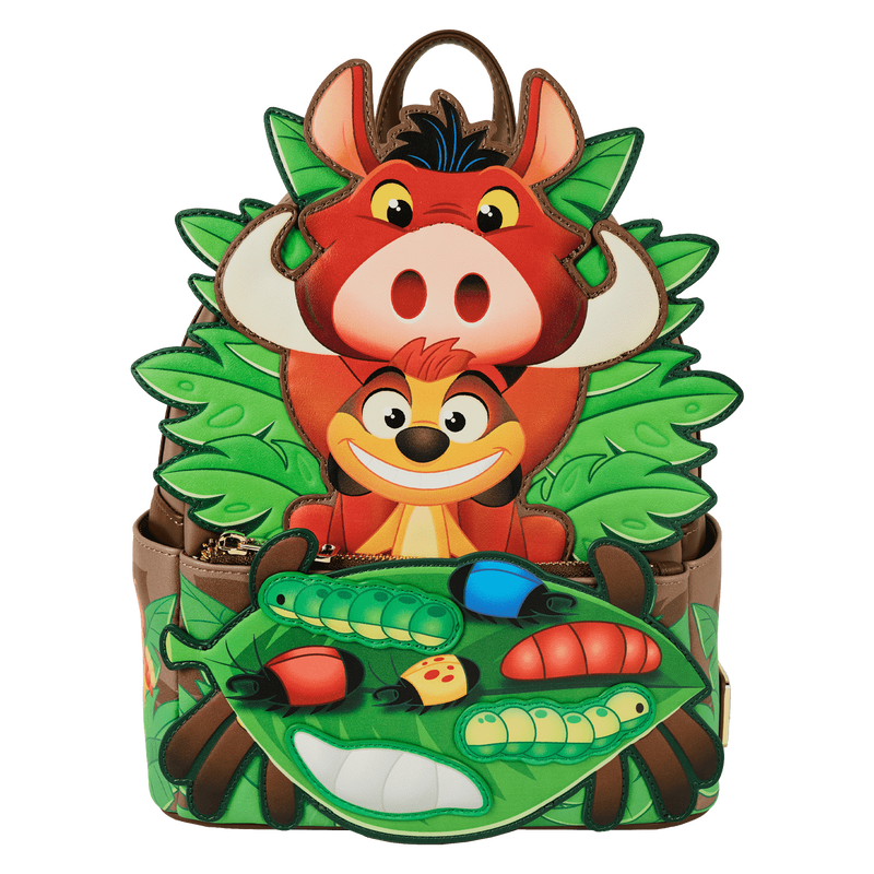 Loungefly Lion King Hakuna Matata mini backpack featuring Timon, Pumbaa, and Simba eating grubs