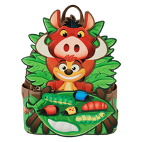 Loungefly Lion King Hakuna Matata mini backpack featuring Timon, Pumbaa, and Simba eating grubs