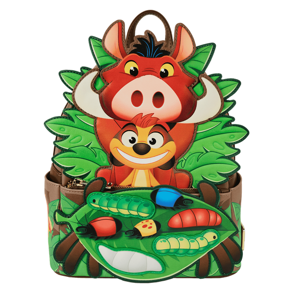 Loungefly Lion King Hakuna Matata mini backpack featuring Timon, Pumbaa, and Simba eating grubs