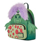 A green character mini backpack featuring Ursula from The Little Mermaid, with a purple fluffy wig detail, green wings, and a light green front pouch with red polka dots. A Disney/Loungefly brand plate is visible on the front.