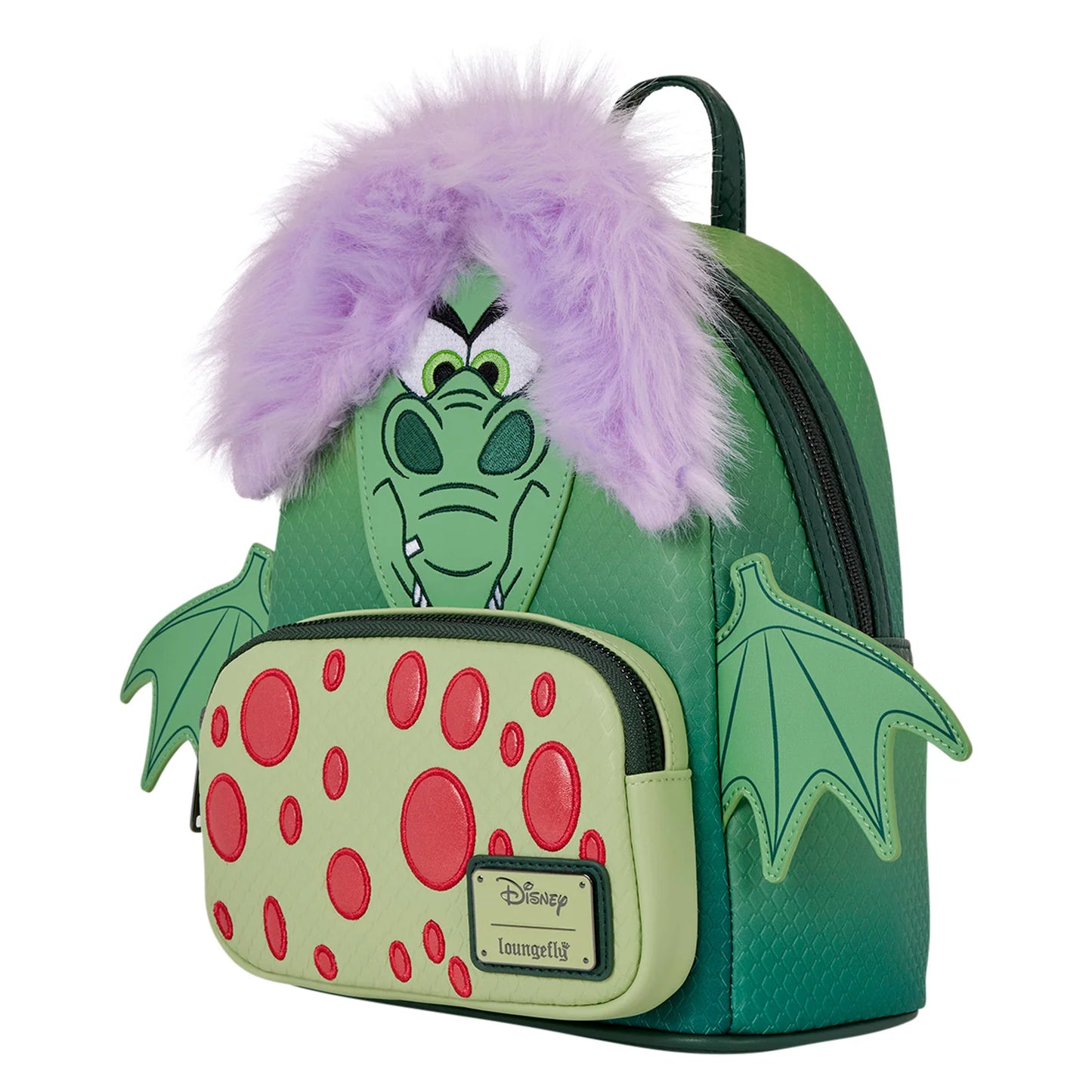 A green character mini backpack featuring Ursula from The Little Mermaid, with a purple fluffy wig detail, green wings, and a light green front pouch with red polka dots. A Disney/Loungefly brand plate is visible on the front.