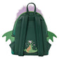 A dark green dragon-themed backpack featuring textured green faux-skin panels, side wing flaps, a purple faux-fur collar, and a green dragon graphic on the front, shown against a plain white background.