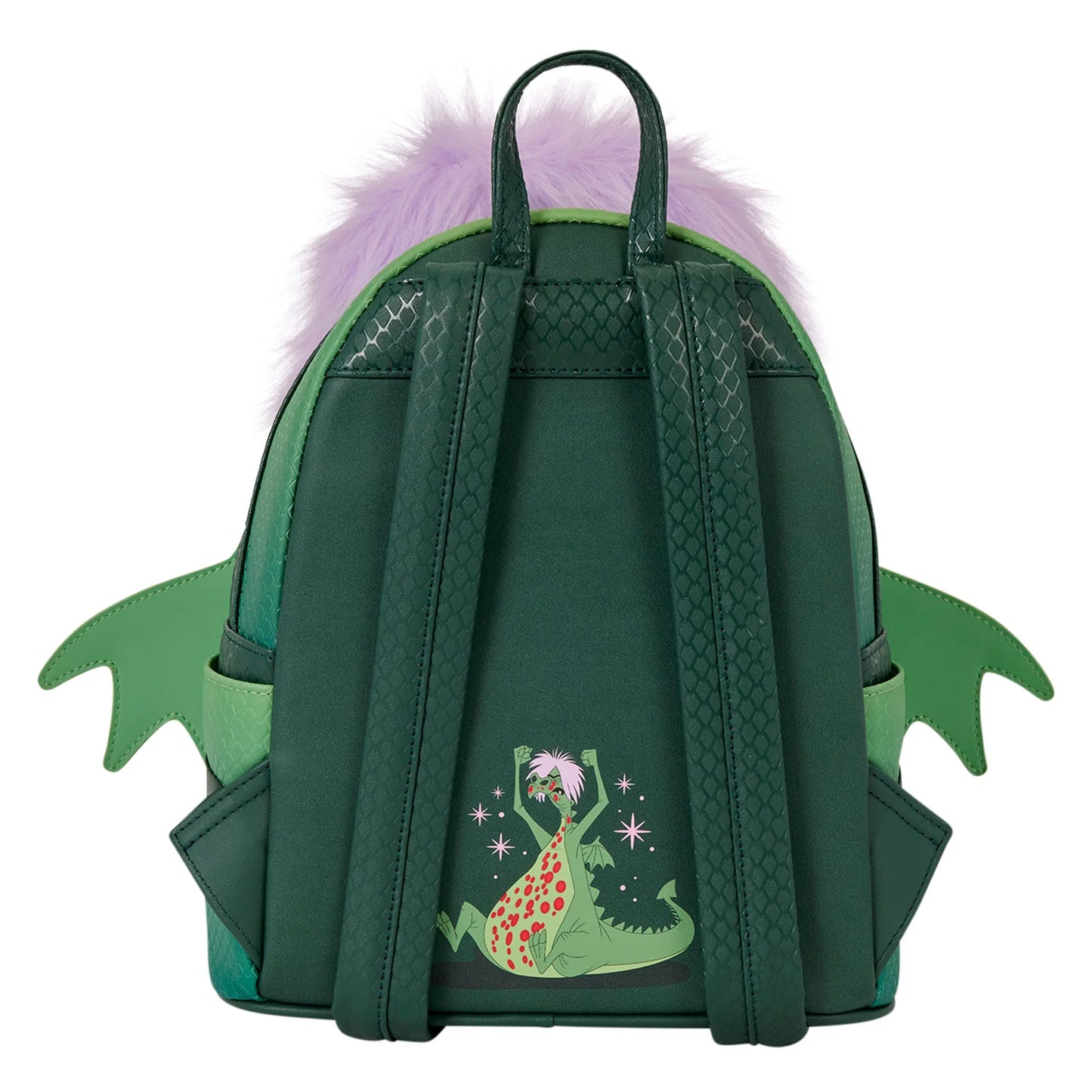 A dark green dragon-themed backpack featuring textured green faux-skin panels, side wing flaps, a purple faux-fur collar, and a green dragon graphic on the front, shown against a plain white background.