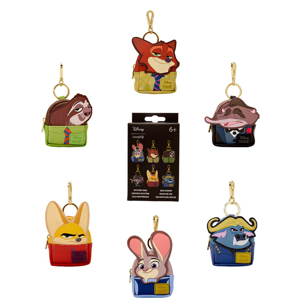Set of cartoon character keychains with packaging on a white background