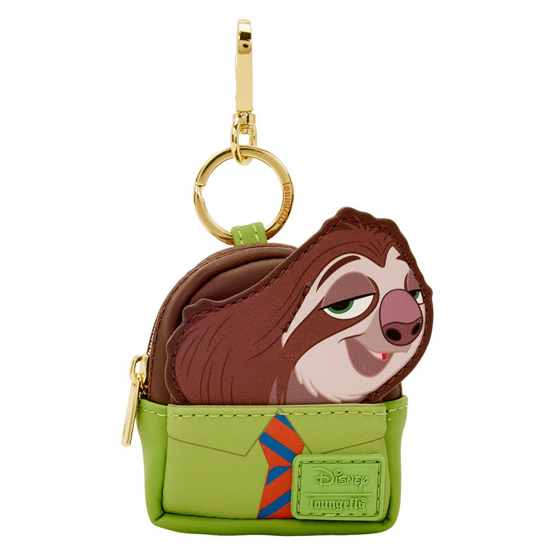 Sloth-shaped keychain with green pouch on a white background
