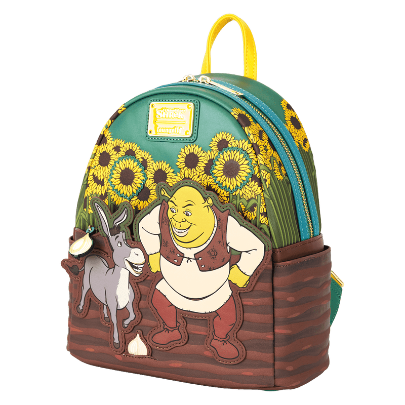 Shrek and Donkey illustrated on a floral sunflower background backpack

