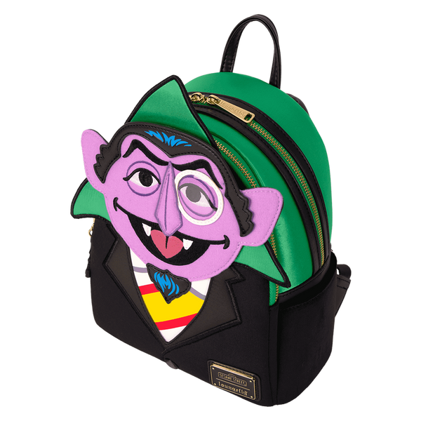 Loungefly Sesame Street mini backpack styled after Count Von Count with bold purple color