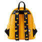 Yellow backpack with black straps featuring heart patterns and a cartoon character on a white background