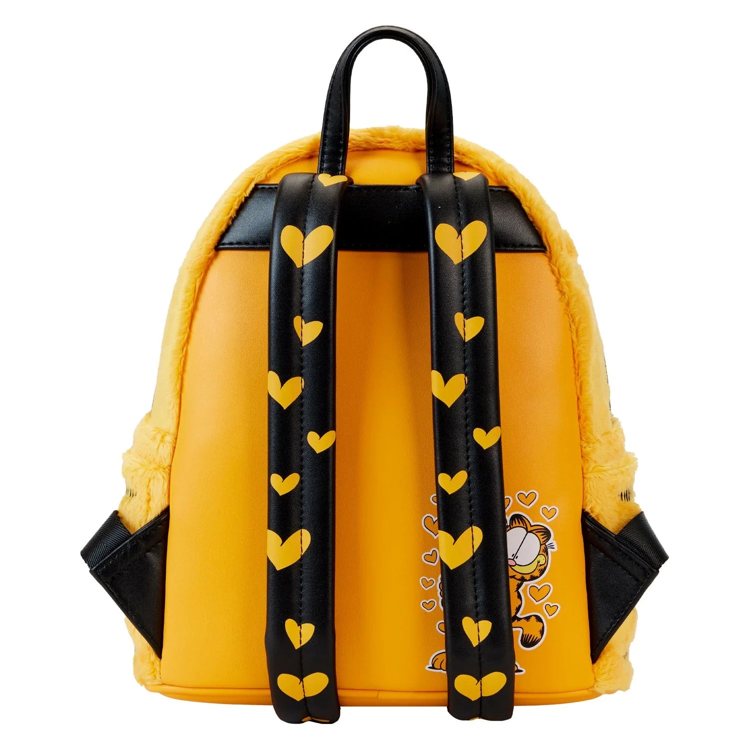 Yellow backpack with black straps featuring heart patterns and a cartoon character on a white background