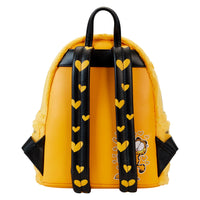 Yellow backpack with black straps featuring heart patterns and a cartoon character on a white background