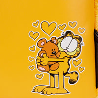 Cartoon characters hugging with hearts on a yellow background
