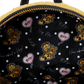 Backpack with Garfield cartoon characters and text on a black background with white polka dots.
