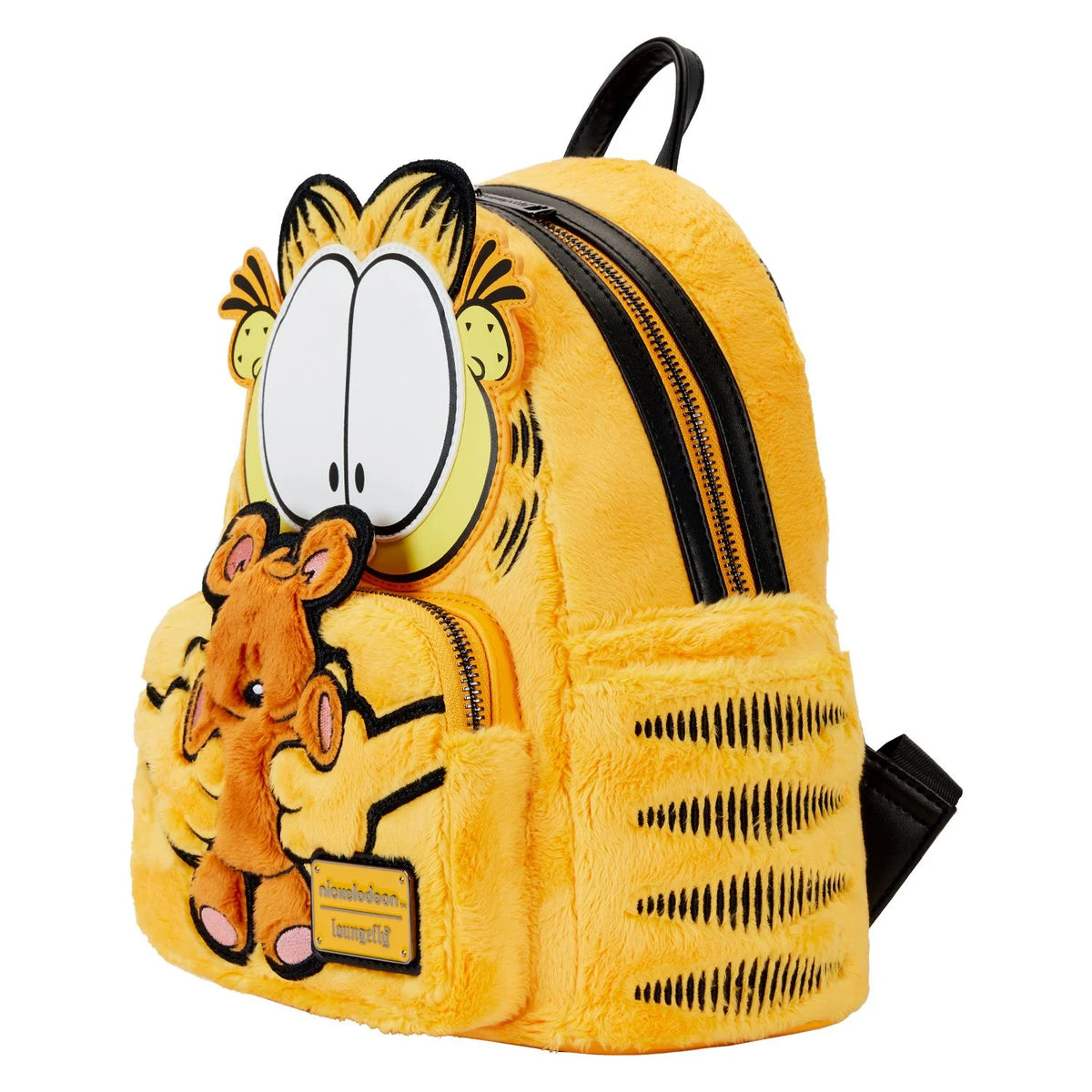 Yellow plush backpack with cartoon character design on a white background