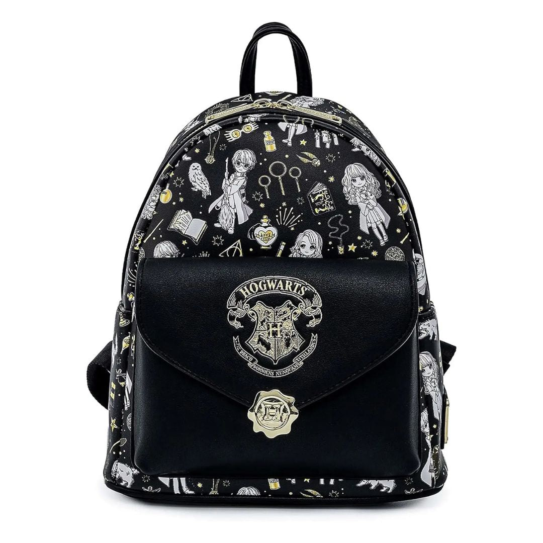Backpack with Hogwarts crest and magical-themed design on a white background