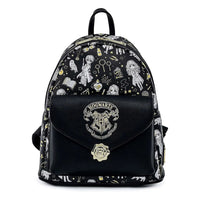Backpack with Hogwarts crest and magical-themed design on a white background