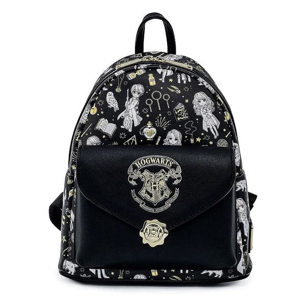 Backpack with Hogwarts crest and magical-themed design on a white background