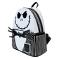 Front view of Loungefly Jack Skellington Sequin Mini Backpack with shimmering skeleton design