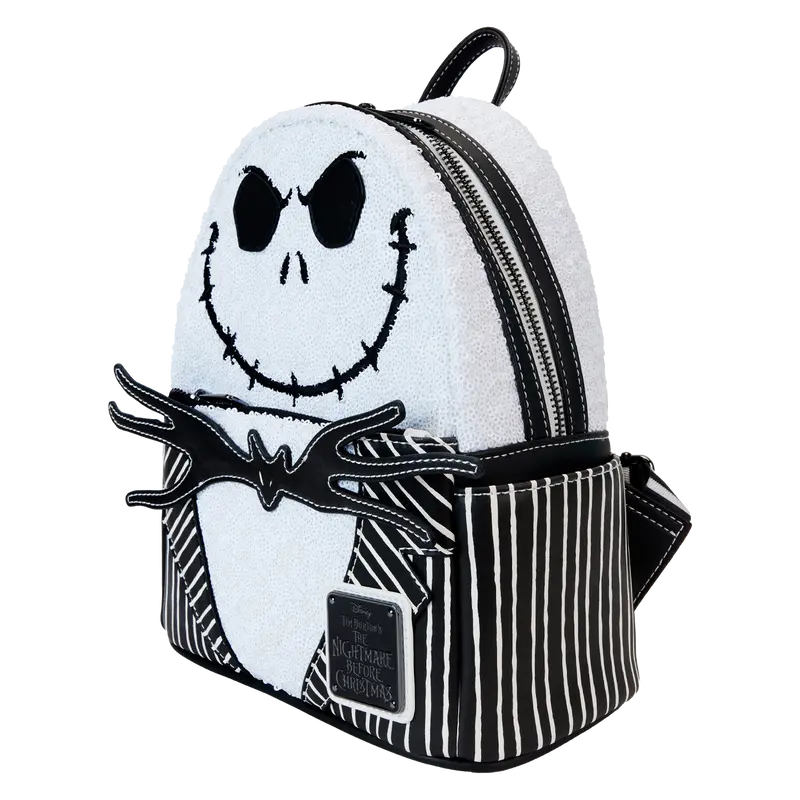 Front view of Loungefly Jack Skellington Sequin Mini Backpack with shimmering skeleton design