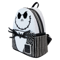 Front view of Loungefly Jack Skellington Sequin Mini Backpack with shimmering skeleton design